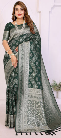 Green color Saree in Georgette fabric with Lehariya, Weaving, Zari work