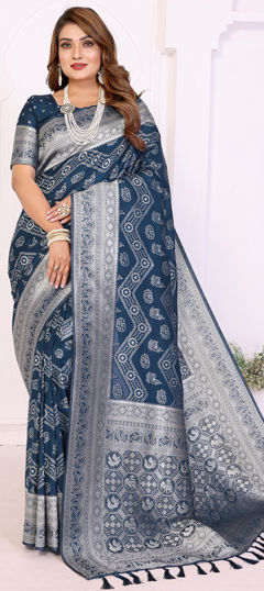 Blue color Saree in Georgette fabric with Lehariya, Weaving, Zari work