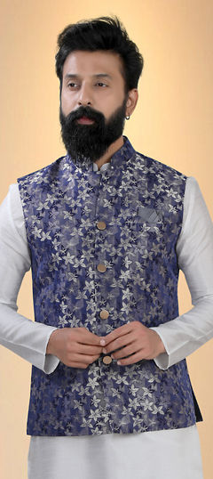 Blue color Nehru Jacket in Organza Silk fabric with Weaving work