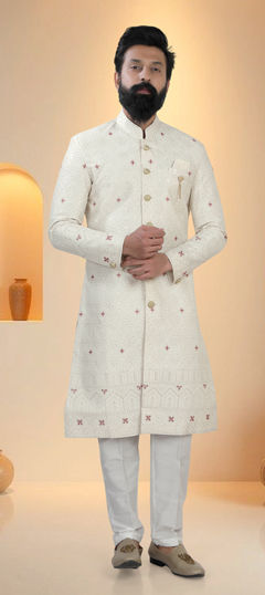 Pink and Majenta, White and Off White color Sherwani in Silk fabric with Embroidered, Sequence, Thread work