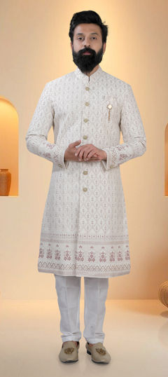 Pink and Majenta, White and Off White color Sherwani in Silk fabric with Embroidered, Sequence, Thread work