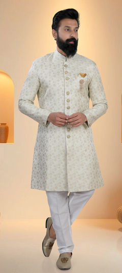 Yellow color IndoWestern Dress in Brocade fabric with Thread work