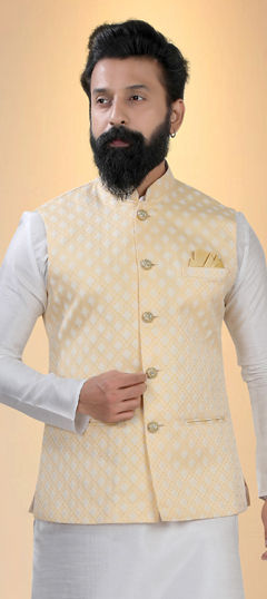 Yellow color Nehru Jacket in Silk fabric with Weaving work