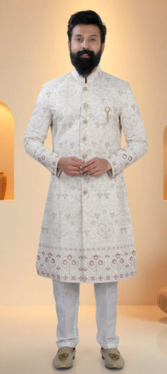 Pink and Majenta, White and Off White color Sherwani in Silk fabric with Embroidered, Sequence, Thread work