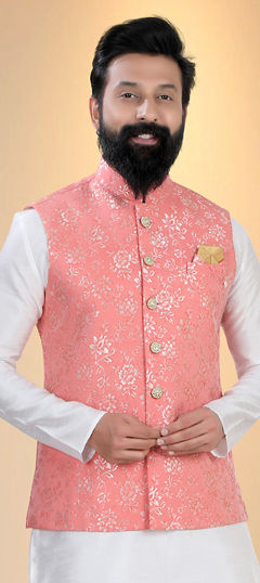 Pink and Majenta color Nehru Jacket in Brocade fabric with Weaving work