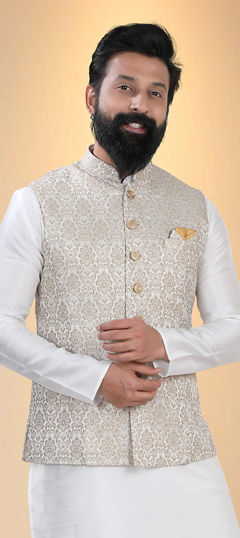 White and Off White color Nehru Jacket in Silk fabric with Weaving work