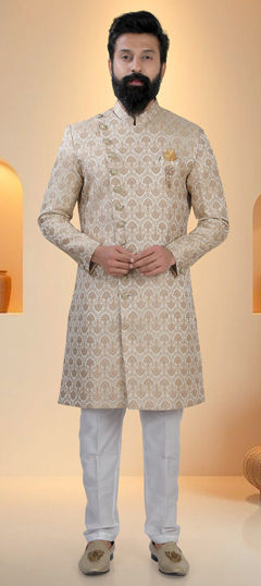 Orange color IndoWestern Dress in Brocade fabric with Thread work