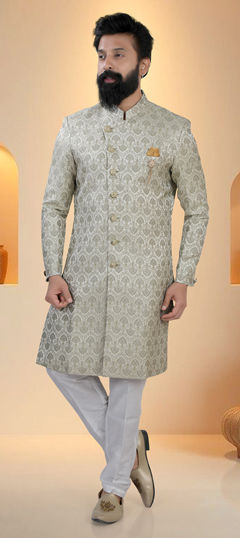 Green color IndoWestern Dress in Brocade fabric with Thread work