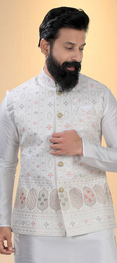 White and Off White color Nehru Jacket in Silk fabric with Weaving work