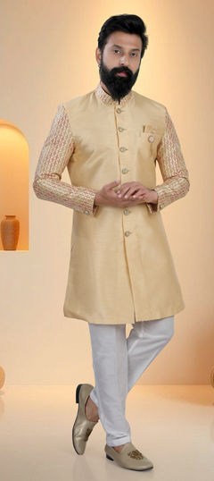 Gold color IndoWestern Dress in Silk fabric with Printed work