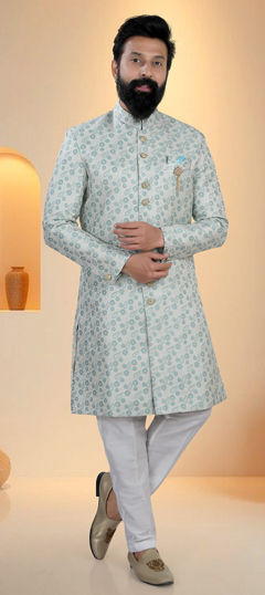Blue color IndoWestern Dress in Brocade fabric with Thread work