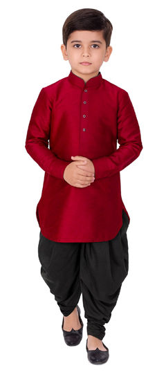 Red and Maroon color Boys Dhoti Kurta in Dupion Silk fabric with Thread work