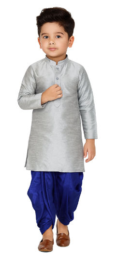 Black and Grey color Boys Dhoti Kurta in Dupion Silk fabric with Thread work