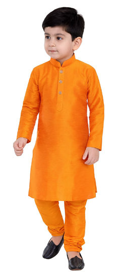 Orange color Boys Kurta Pyjama in Dupion Silk fabric with Thread work