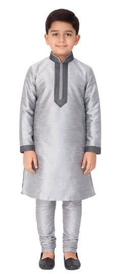 Black and Grey color Boys Kurta Pyjama in Dupion Silk fabric with Thread work