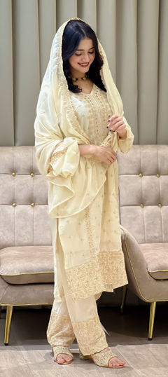 White and Off White color Salwar Kameez in Faux Georgette fabric with Embroidered, Sequence, Thread work