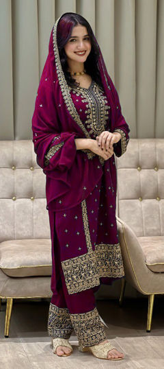 Purple and Violet color Salwar Kameez in Faux Georgette fabric with Embroidered, Sequence, Thread work