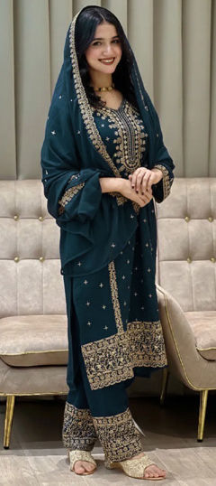 Blue color Salwar Kameez in Georgette fabric with Embroidered, Sequence, Thread work