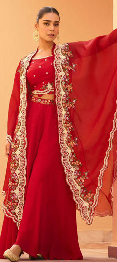 Red and Maroon color Salwar Kameez in Chinon Silk fabric with Embroidered, Zari work