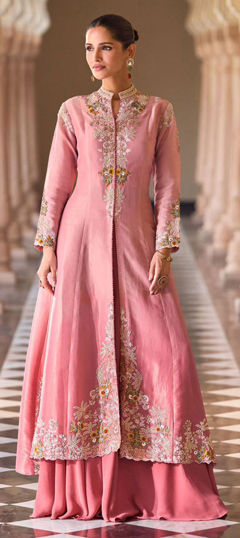 Pink and Majenta color Salwar Kameez in Chinon Silk fabric with Embroidered, Zari work
