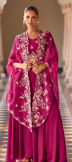 Pink and Majenta color Salwar Kameez in Chinon Silk fabric with Embroidered, Zari work