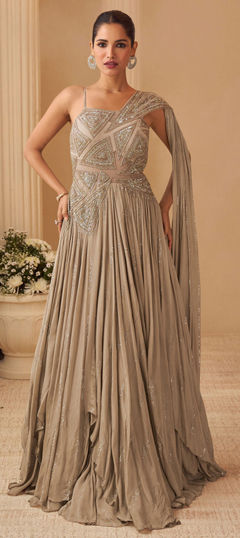 Beige and Brown color Gown in Chinon Silk fabric with Embroidered, Sequence, Thread, Zari work