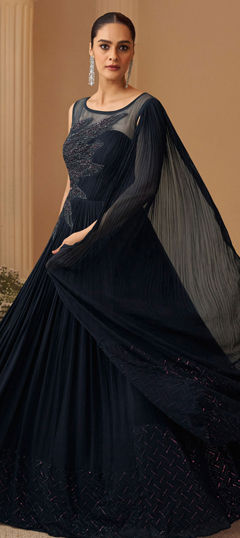 Blue color Gown in Chinon Silk fabric with Embroidered, Sequence, Thread, Zari work