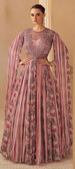 Pink and Majenta color Gown in Chinon Silk fabric with Embroidered, Sequence, Thread, Zari work
