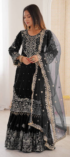 Black and Grey color Salwar Kameez in Velvet, Viscose fabric with Embroidered, Sequence, Thread work