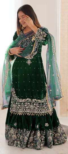 Green color Salwar Kameez in Velvet, Viscose fabric with Embroidered, Sequence, Stone, Thread work