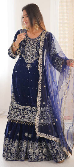 Blue color Salwar Kameez in Velvet, Viscose fabric with Embroidered, Sequence, Thread work