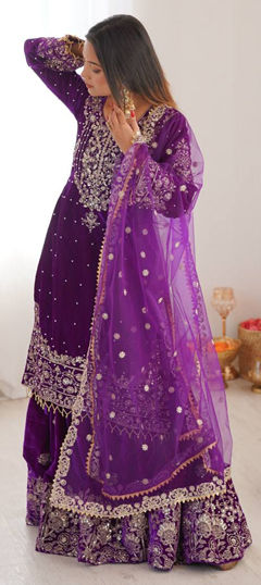 Purple and Violet color Salwar Kameez in Velvet, Viscose fabric with Embroidered, Sequence, Thread work