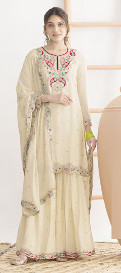 White and Off White color Salwar Kameez in Chinon Silk fabric with Embroidered, Sequence, Thread, Zari work