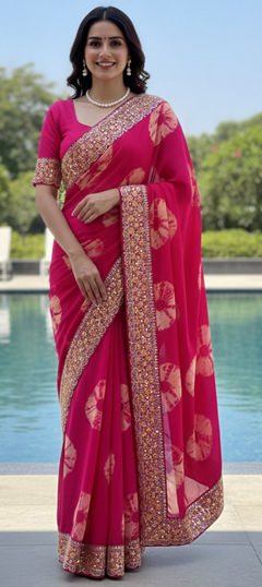 Pink and Majenta color Saree in Georgette fabric with Embroidered, Printed, Sequence, Tye n Dye work
