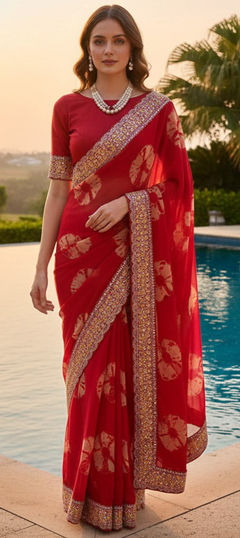 Red and Maroon color Saree in Georgette fabric with Embroidered, Printed, Sequence, Tye n Dye work