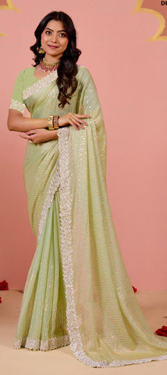 Green color Saree in Chiffon fabric with Embroidered, Sequence work