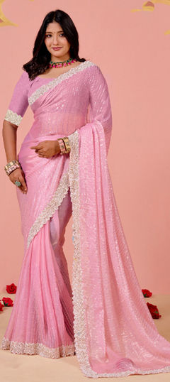 Pink and Majenta color Saree in Chiffon fabric with Embroidered, Sequence work