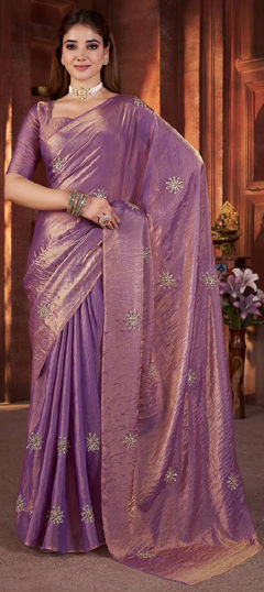 Purple and Violet color Saree in Satin Silk fabric with Embroidered, Thread, Zari work