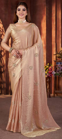 Beige and Brown color Saree in Satin Silk fabric with Embroidered, Thread, Zari work