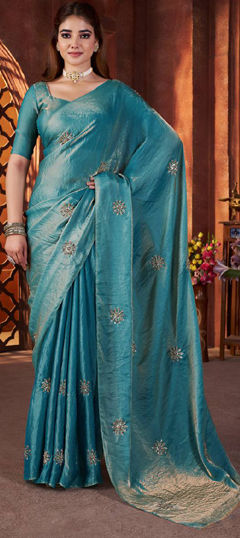 Blue color Saree in Satin Silk fabric with Embroidered, Thread, Zari work