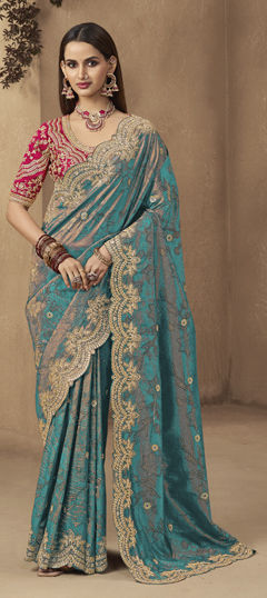 Green color Saree in Silk fabric with Sequence, Thread work