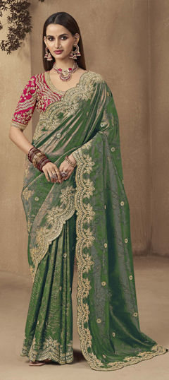 Green color Saree in Silk fabric with Sequence, Thread work