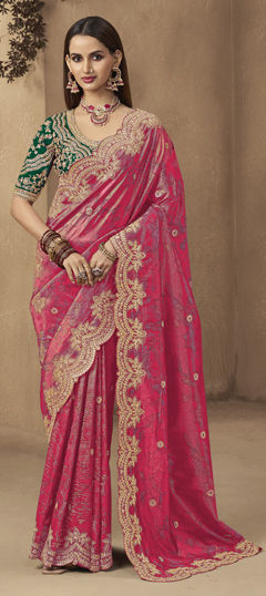 Red and Maroon color Saree in Silk fabric with Sequence, Thread work