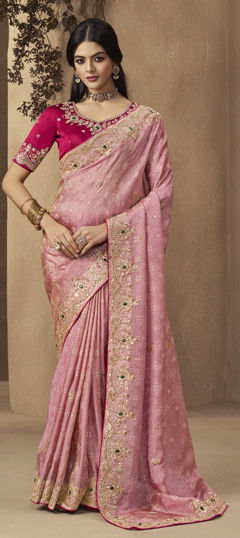 Pink and Majenta color Saree in Silk fabric with Sequence, Stone, Thread work