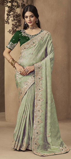 Green color Saree in Silk fabric with Sequence, Stone, Thread work