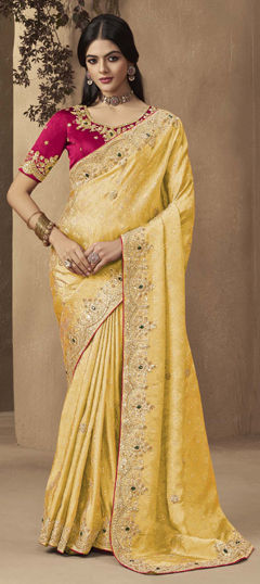 Yellow color Saree in Silk fabric with Sequence, Stone, Thread work