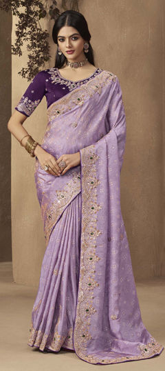 Purple and Violet color Saree in Silk fabric with Sequence, Stone, Thread work