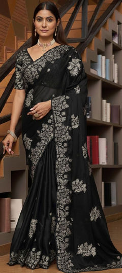 Black and Grey color Saree in Silk fabric with Embroidered, Sequence, Thread work