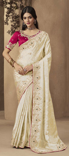 White and Off White color Saree in Silk fabric with Sequence, Stone, Thread work