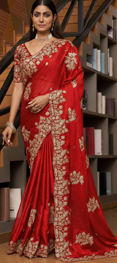 Red and Maroon color Saree in Silk fabric with Embroidered, Sequence, Thread work